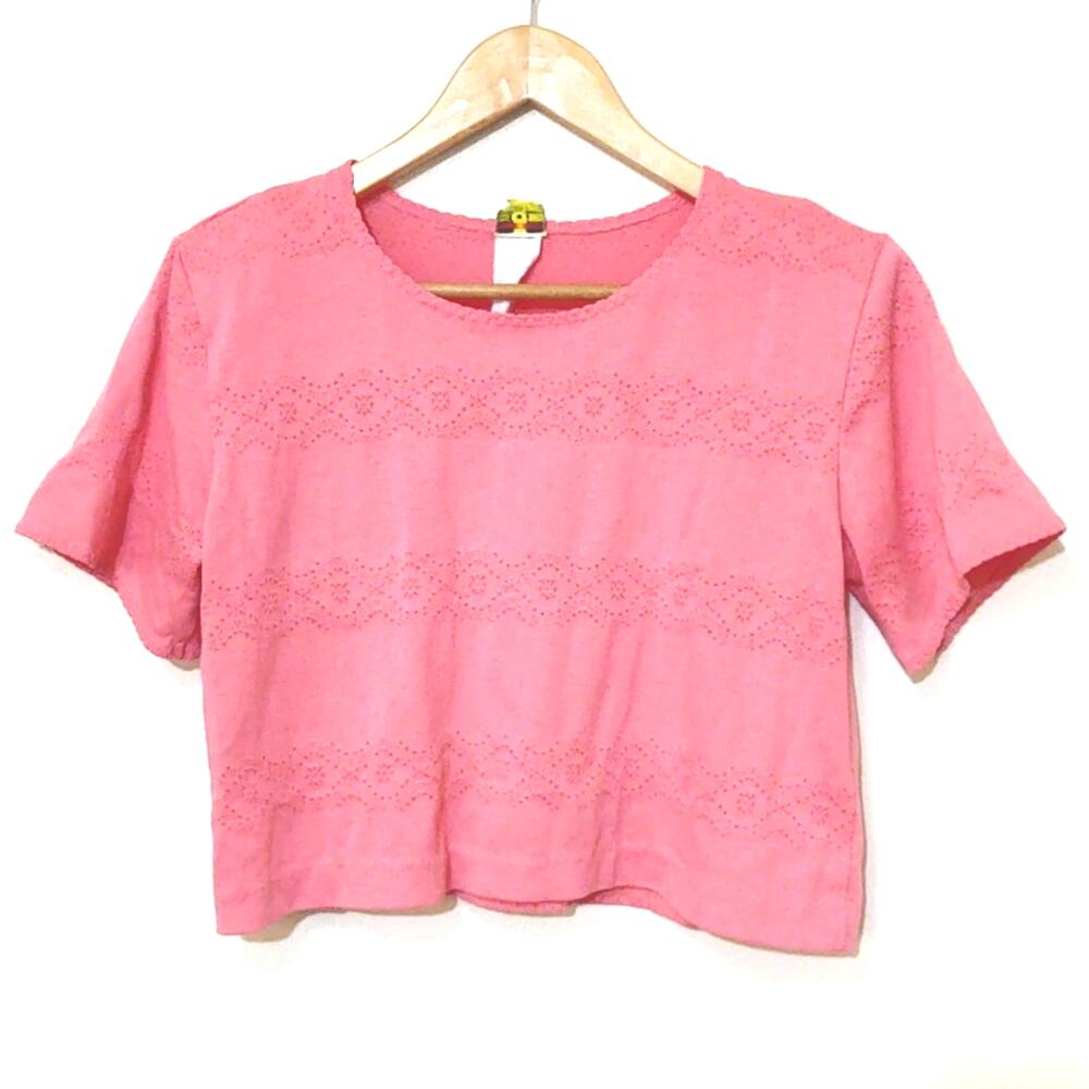 Vintage 80s 90s Traffic Jam Pink Crop Short Sleeve Knit Top Shoulder Pads